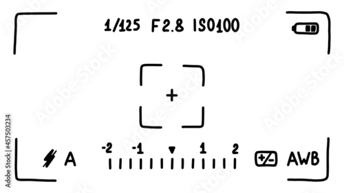 Camera viewfinder interface, screen. Photo shooting mode. Doodle style sketch. Vector illustration.