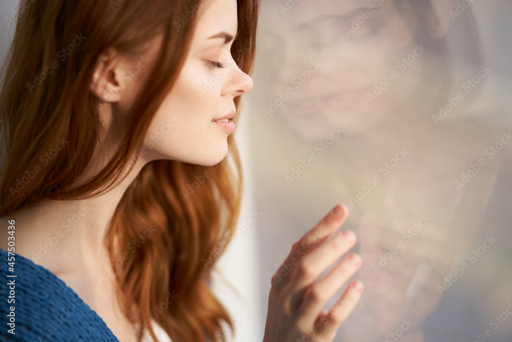 beautiful woman attractive look with a blue plaid morning beautiful woman attractive look with a blue plaid morning