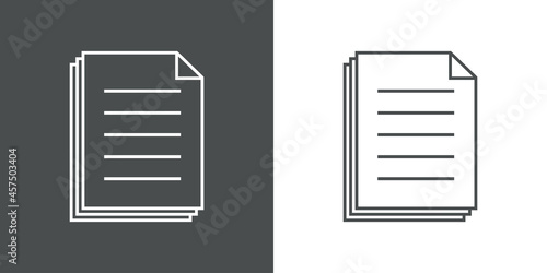 Icono plano hojas de papel con lineas en fondo gris y fondo blanco