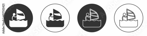 Black Windsurfing icon isolated on white background. Circle button. Vector