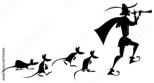 Pied Piper of Hamelin (German: Rattenfänger von Hameln). German fairy tale. Black and white.