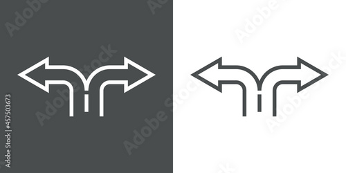 Cruce de caminos. Silueta de flechas. Logotipo con 2 vías de dirección con lineas en fondo gris y fondo blanco