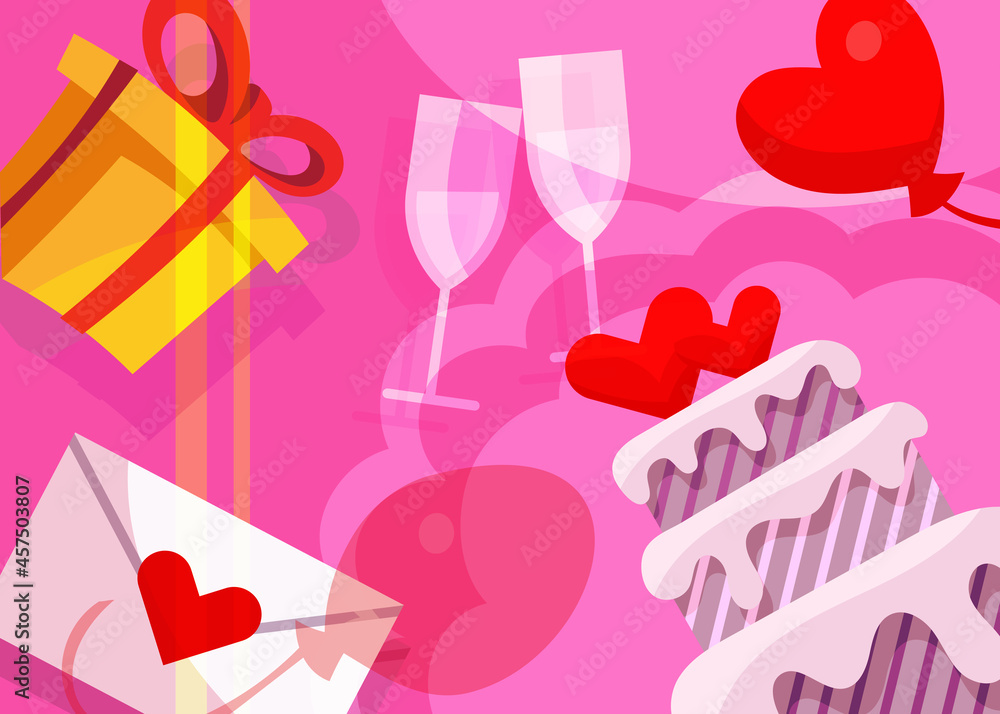 Fototapeta premium Wedding banner with cake and gifts. Postcard design in cartoon style.