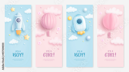 Set of baby shower rollup with cartoon rocket and hot air balloon on blue and pink background. It's a boy. It's a girl. Vector illustration