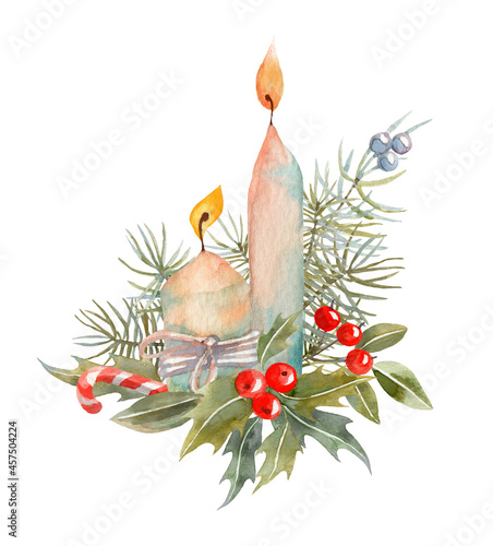 Christmas Decor with Candles, spruce branches and Holly berries. Watercolor illustration. Christmas card.