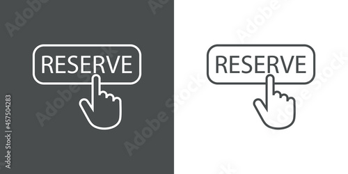 Logotipo con texto Reserve en cuadrado con mano con lineas en fondo gris y fondo blanco