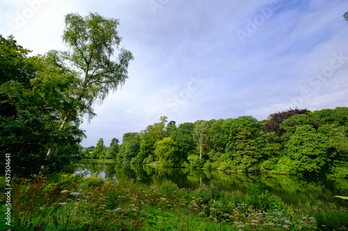 Beautiful landscape of trees foliage and the Fish Pond  in the area of the Harewood House Trust in West Yorkshire in the United Kingdom