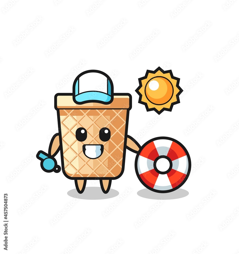 Fototapeta premium Cartoon mascot of waffle cone as a beach guard