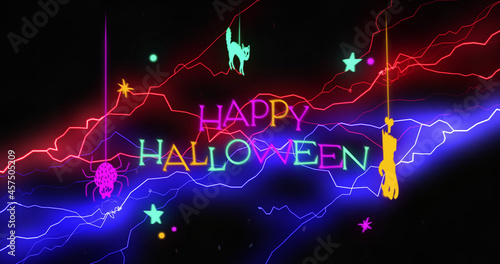 Image of neon halloween greetings text with cat and neon pattern
