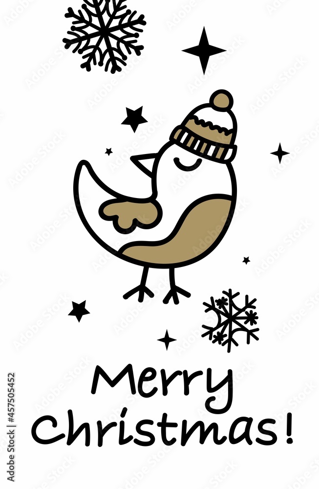Handmade Christmas cards with lettering, bird, stars. Fashionable postcards in black and gold color.