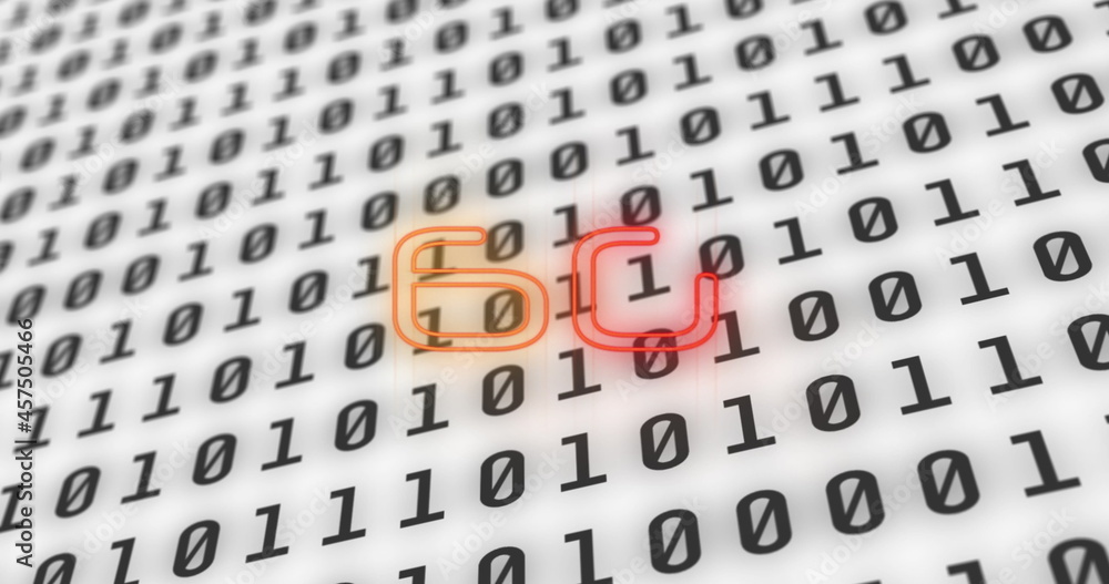 Obraz premium Image of 6g neon glowing text over binary coding