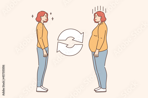 Overweigh and getting loose concept. Young smiling fit slim woman and depressed over weight fat woman standing towards each other feeling different vector illustration 