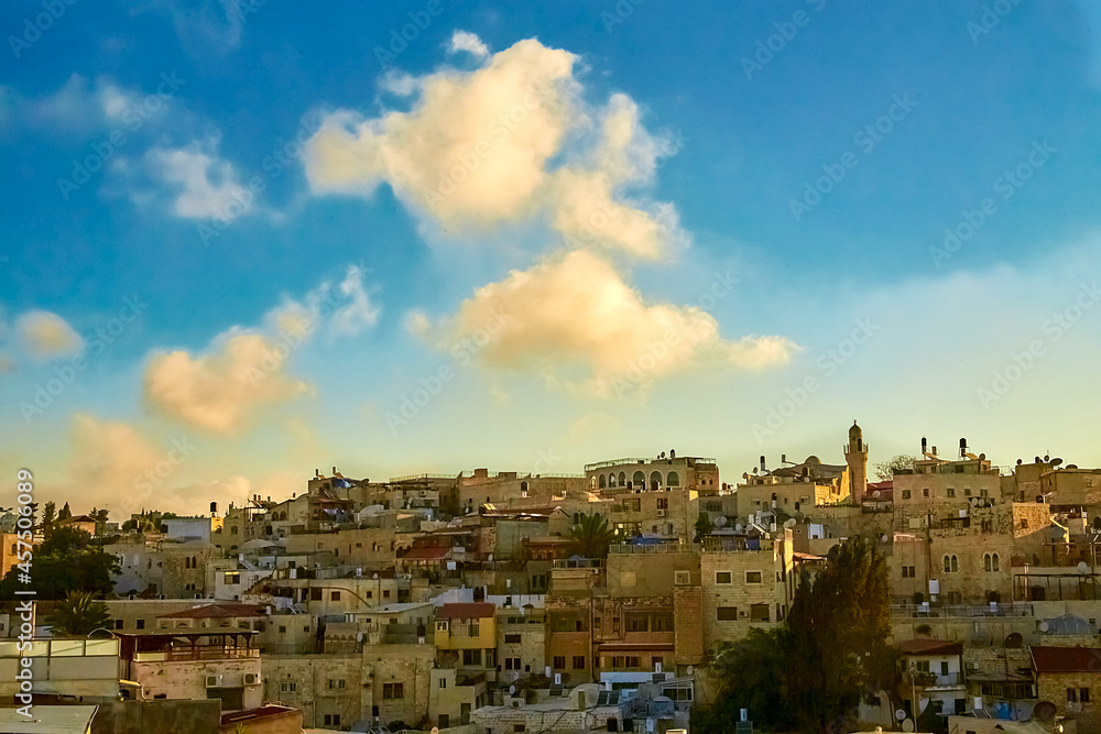 sunrise over the ancient rooftops of the old city of jerusalem, israel