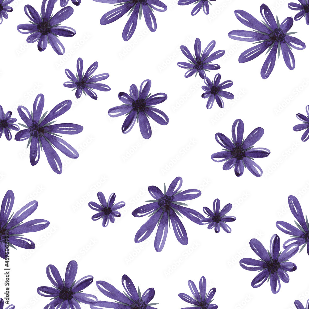 Halloween decorative floral seamless pattern of  fantastic violet abstract flowers. Watercolor hand painted isolated elements on white background.
