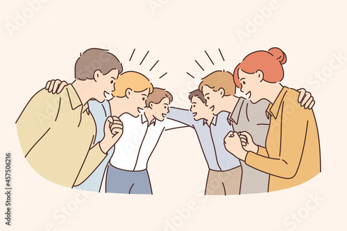 Good business team and cooperation concept. Group of young colleagues workers standing hugging celebrating success in business together vector illustration 