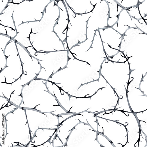 Halloween decorative seamless pattern of unreal prickly  spooky branches. Watercolor hand painted isolated elements on white background.