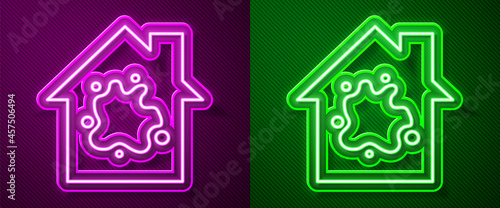 Glowing neon line Painting the house icon isolated on purple and green background. Vector