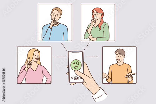 Video conference and remote work concept. Group of people having online video chat conference meeting work form home vector illustration 