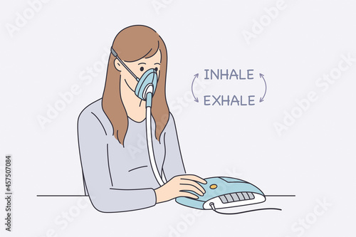 Healthcare and problems with breathe concept. Young woman cartoon character sitting in mask with special medical machine foe inhaling and exhaling vector illustration 