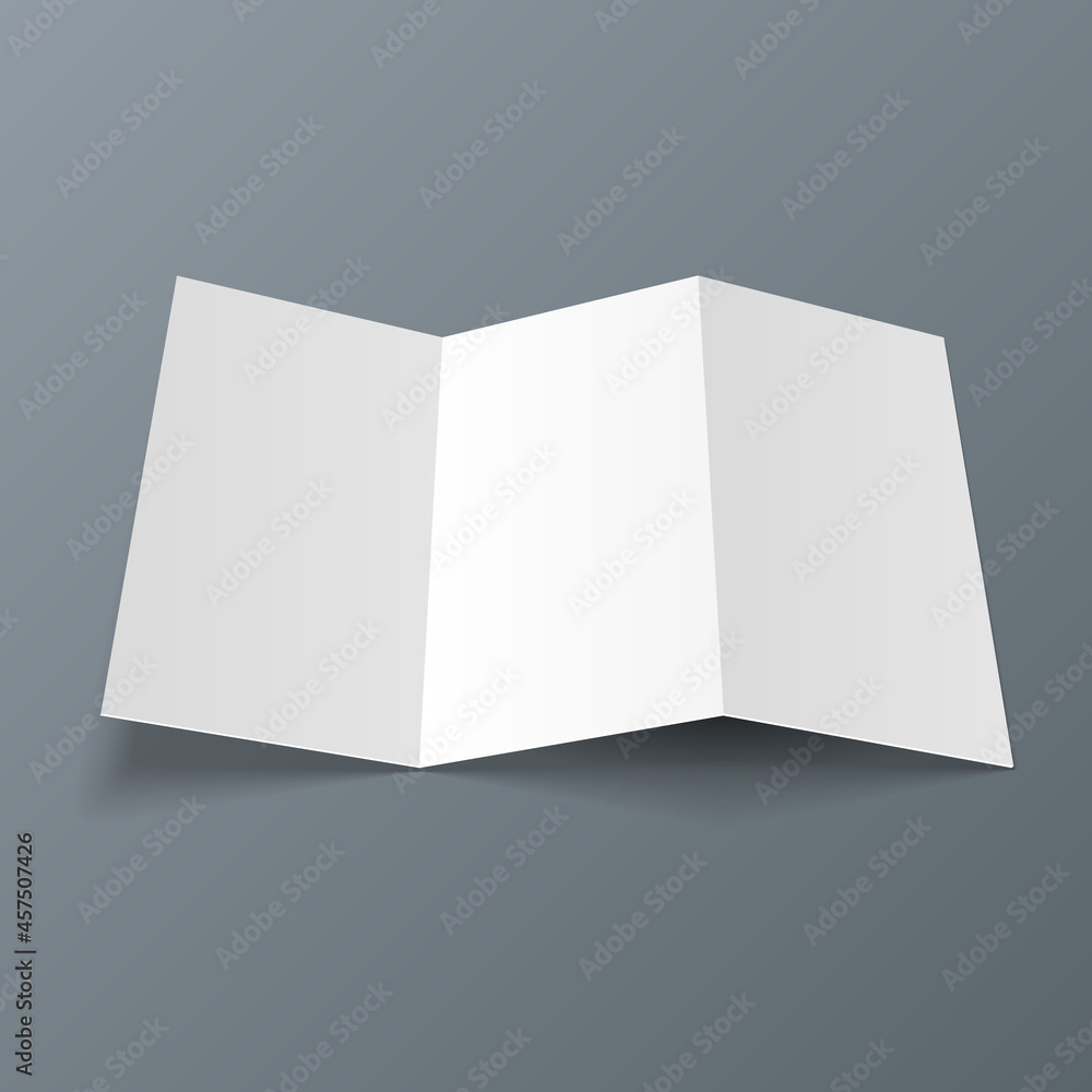 Blank Four Folded Fold Paper Leaflet, Flyer, Broadsheet, Flier, Follicle, Leaf A4 With Shadows. On Gray Background Isolated. Mock Up Template Ready For Your Design. Vector EPS10 Blank Four Folded Fold Paper Leaflet, Flyer, Broadsheet, Flier, Follicle, Leaf A4 With Shadows. On Gray Background Isolated. Mock Up Template Ready For Your Design. Vector EPS10