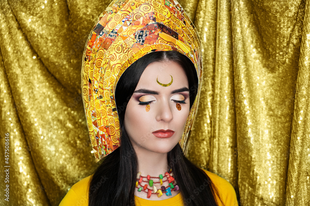 New creative make-up, conceptual idea for Halloween club party. Moon queen. Yellow bold color graphic shapes, cosmetics shadows paints, lines lips. Professional close-up photo. skin painting artistic New creative make-up, conceptual idea for Halloween club party. Moon queen. Yellow bold color graphic shapes, cosmetics shadows paints, lines lips. Professional close-up photo. skin painting artistic