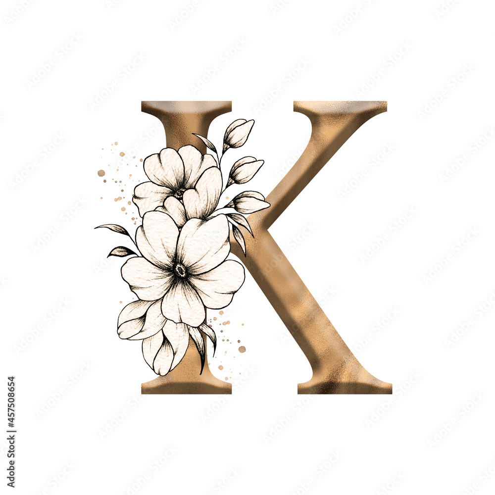 Graphic floral alphabet, gold letter K with vintage flowers bouquet  composition, unique monogram initial perfect for wedding invitations,  greeting card, logo, poster and other designs Stock Illustration