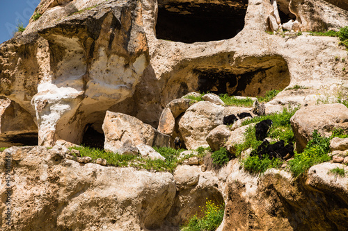 トルコ 水没前のハサンケイフのハサンケイフ城と洞窟住居