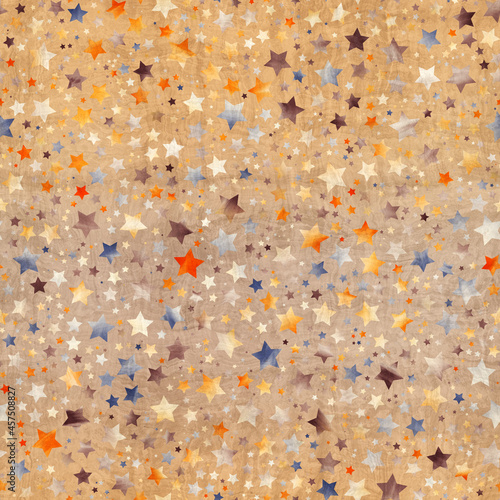 Seamless pattern of star motif in intricate colors and texture. High quality illustration great for kids bedroom or textiles. Luxury glittering detailed starry night textile print for surface design