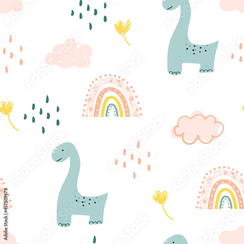 Seamless pattern with cute dinosaurs, rainbows and clouds on white background. Vector for fabric, textile, nursery wallpaper