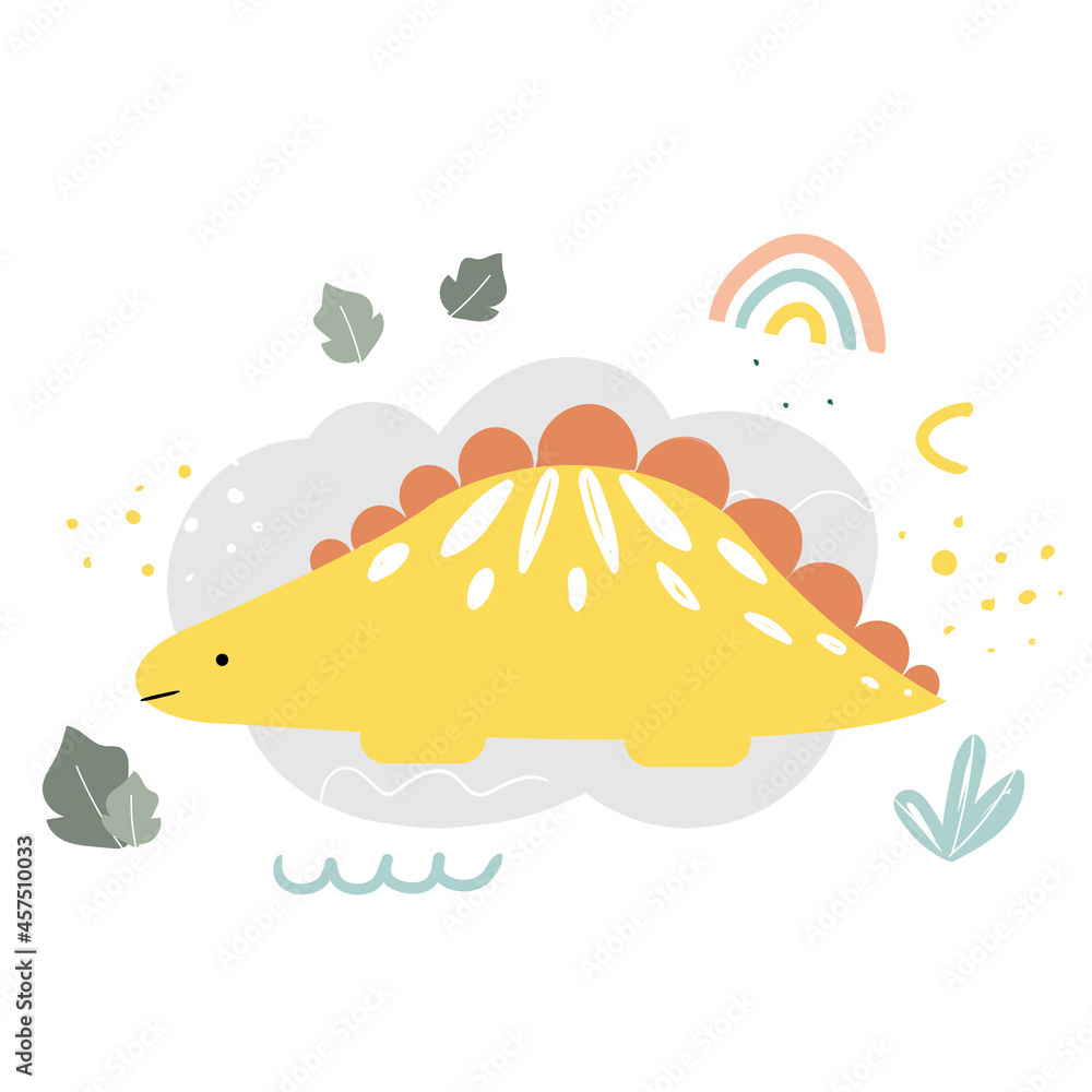 Fototapeta premium Vector illustration card with cute dinosaurs and leaf for fabric, textile, card, sticker, print in hand drawn doodle style