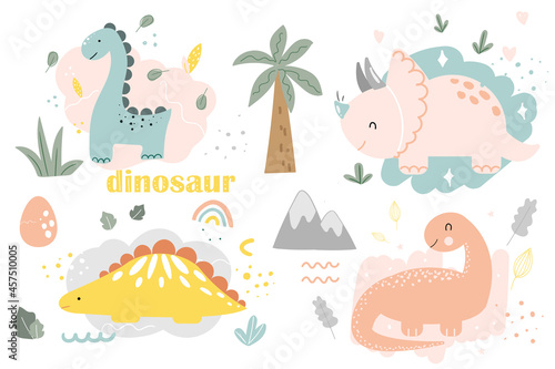 Set of cute dinosaurs with palm tree, egg, mountan, heart, leaf for fabric, textile, card, sticker, print in hand drawn doodle style