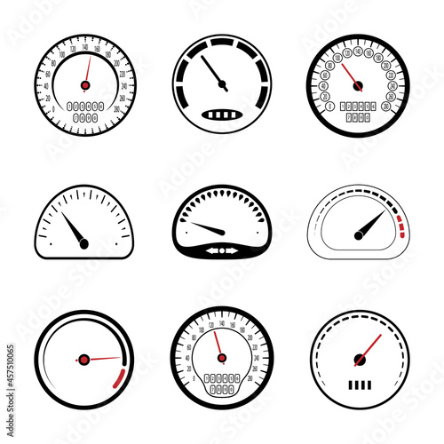 Speedometer icons of different types, round and oval in shape on a white background.