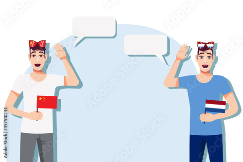 Men with Chinese and Dutch flags. The concept of international communication, education, sports, travel, business. Dialogue between China and the Netherlands. Vector illustration.