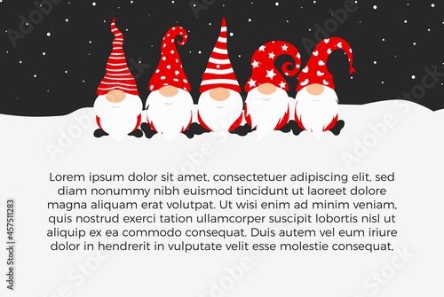 Happy New Year 2022 poster design with gnomes, christmass characters for decoration of xmas holidays, new year wide horizontal banner with text. Vector illustration