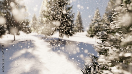 Christmas winter background snowflakes falling down on fir-trees 3d render