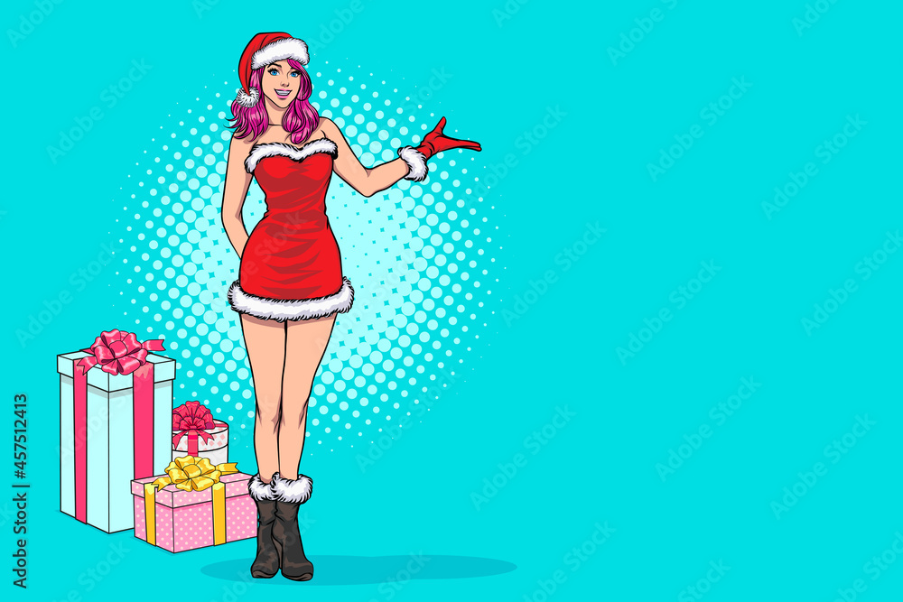 santa girl presenting something on open hand palm santa girl presenting something on open hand palm