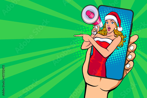 Santa woman holding megaphone on smart phone