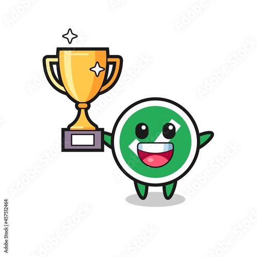 Cartoon Illustration of check mark is happy holding up the golden trophy