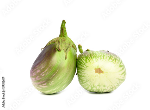 two green ripe eggplants isolated on white background, healthy and tasty vegetable