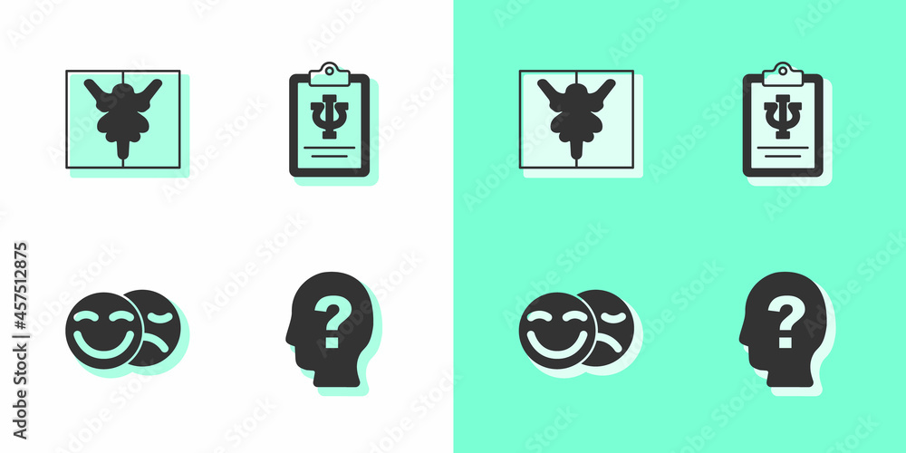 Set Head with question mark, Rorschach test, Comedy and tragedy masks and Psychology, Psi icon. Vector Set Head with question mark, Rorschach test, Comedy and tragedy masks and Psychology, Psi icon. Vector