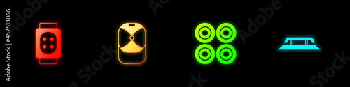 Set Knee pads, Baseball cap, Skateboard wheel and stairs with rail icon. Vector