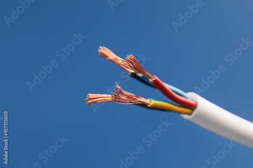 Cable with stripped wires on blue background, closeup