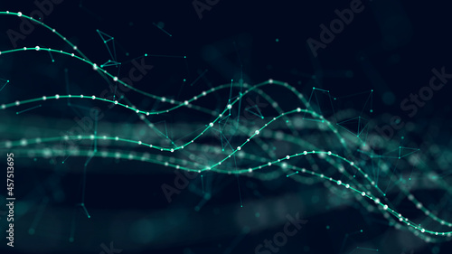 Blue wave conection dots and lines. Abstract technology background. Science background. Big data. 3d rendering. Network connection.