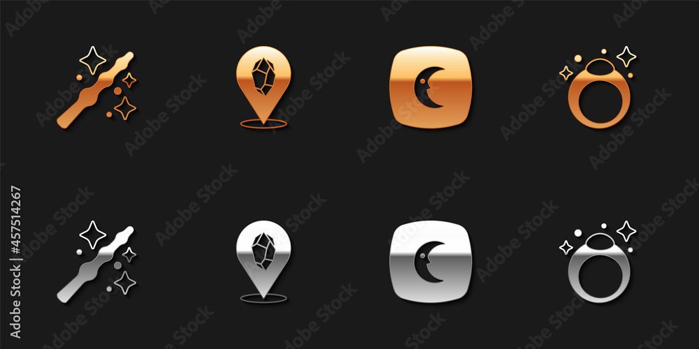 Set Magic wand, stone, Moon stars and ring icon. Vector Set Magic wand, stone, Moon stars and ring icon. Vector