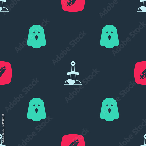 Set Magic stone, Sword in the and Ghost on seamless pattern. Vector