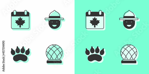 Set Montreal Biosphere, Canada day with maple leaf, Bear paw footprint and Canadian ranger hat icon. Vector
