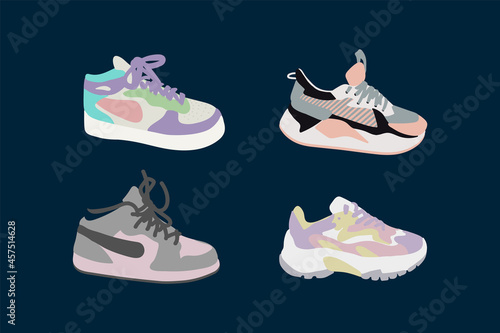 A set of sneakers icons. Sports shoes, sneakers, shoes, boots. A collection of illustrations of shoes for sports, fitness, running. Vector illustration