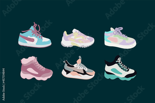 A bundle of sneakers. Sports women's or men's running shoes, sneakers, shoes, boots. A set of shoe illustrations for poster design. Vector illustration