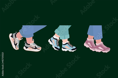 Legs of a man in sneakers. Stylish sports shoes for running, sneakers, shoes, boots. Vector illustration of female or male plugs in fashionable sneakers. A set of legs in sneakers for the poster