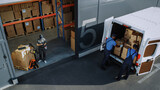 Outside of Logistics Distributions Warehouse: Diverse Team of Workers Inventory and use Hand Pallet Truck Start Loading Delivery Truck with Cardboard Boxes, Online Orders, Purchases, E-Commerce Goods